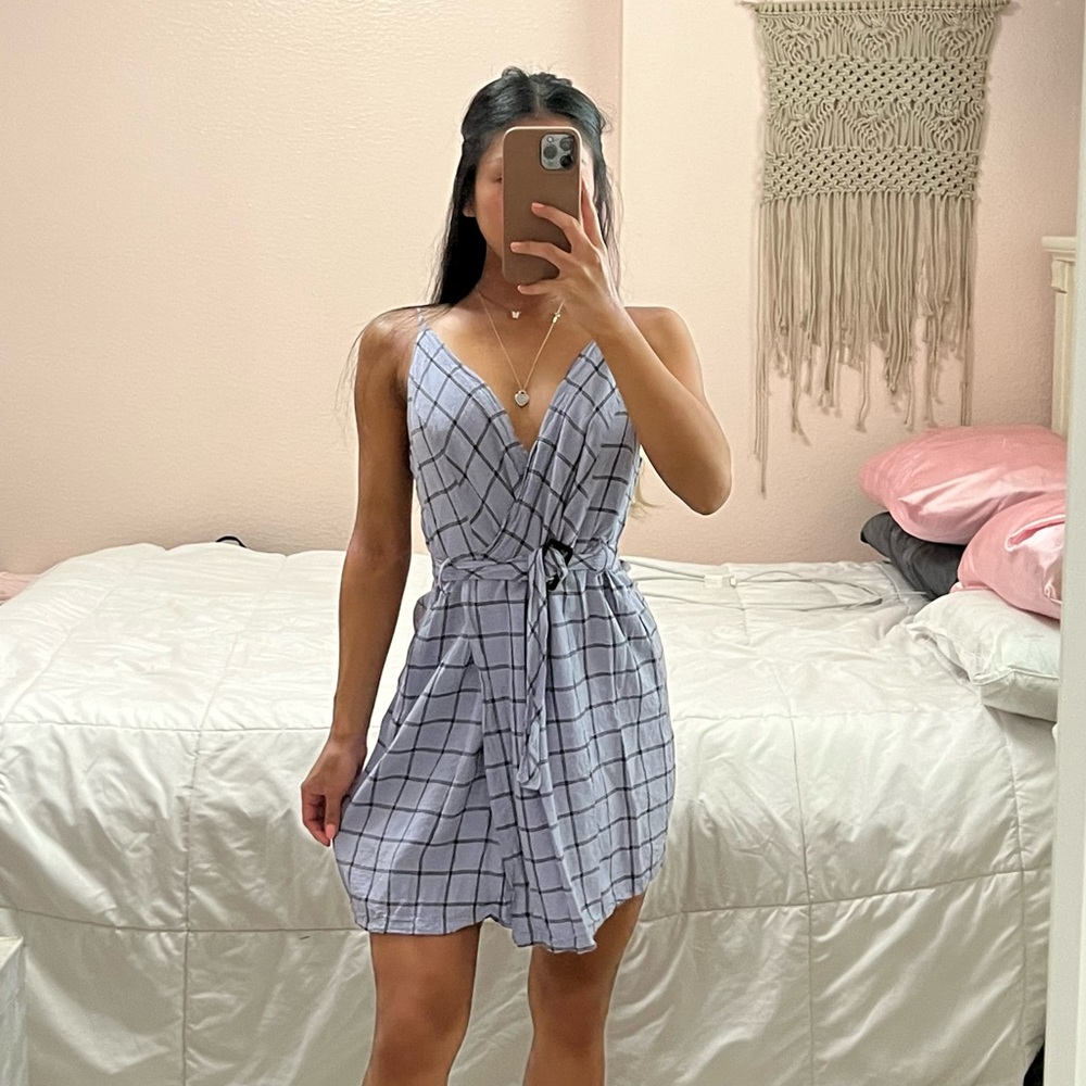 Urban Outfitters Plaid Linen Belted Wrap Dress
